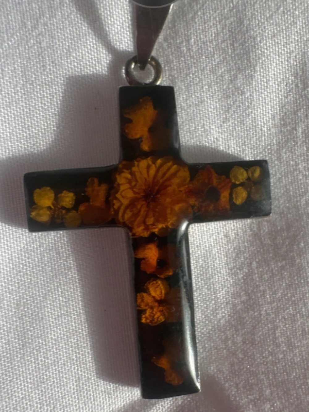 Black Cross Pendant with Gold Floral Design 925